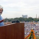New Delhi: Prime Minister Narendra Modi gestures as he addresses the nation from the ramparts of the Red Fort on the occasion of 76th Independence Day, in New Delhi on Monday, Aug. 15, 2022. (Photo: IANS)