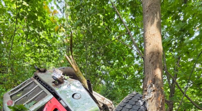 East Columbia Street closed for several hours after roll-off bin truck drives off road